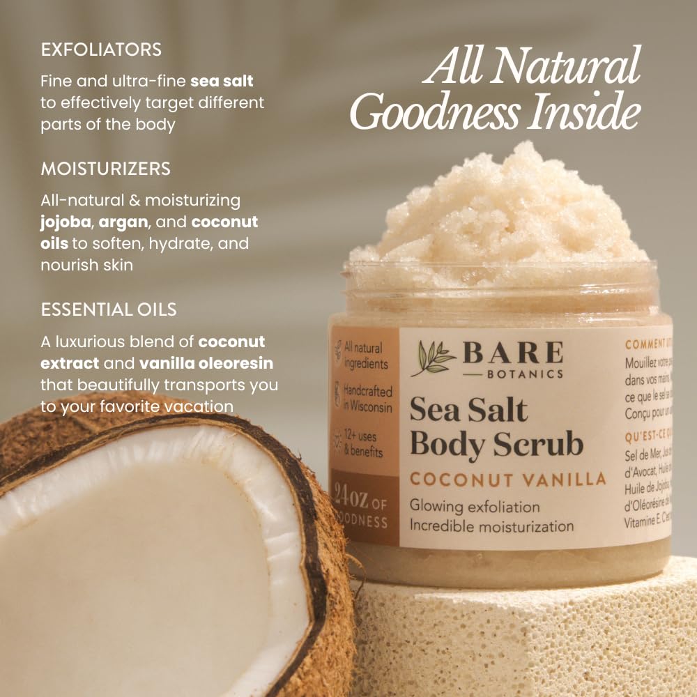 Bare Botanics 24oz Coconut Vanilla Sea Salt Body Scrub Natural Exfoliator – close-up detail