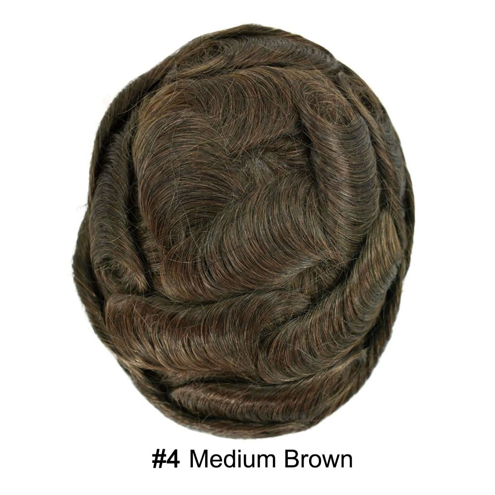 Curve Hair men's toupee with medium brown human hair, monofilament wig, 7x9 inches, durable poly coating, natural hair replacement system