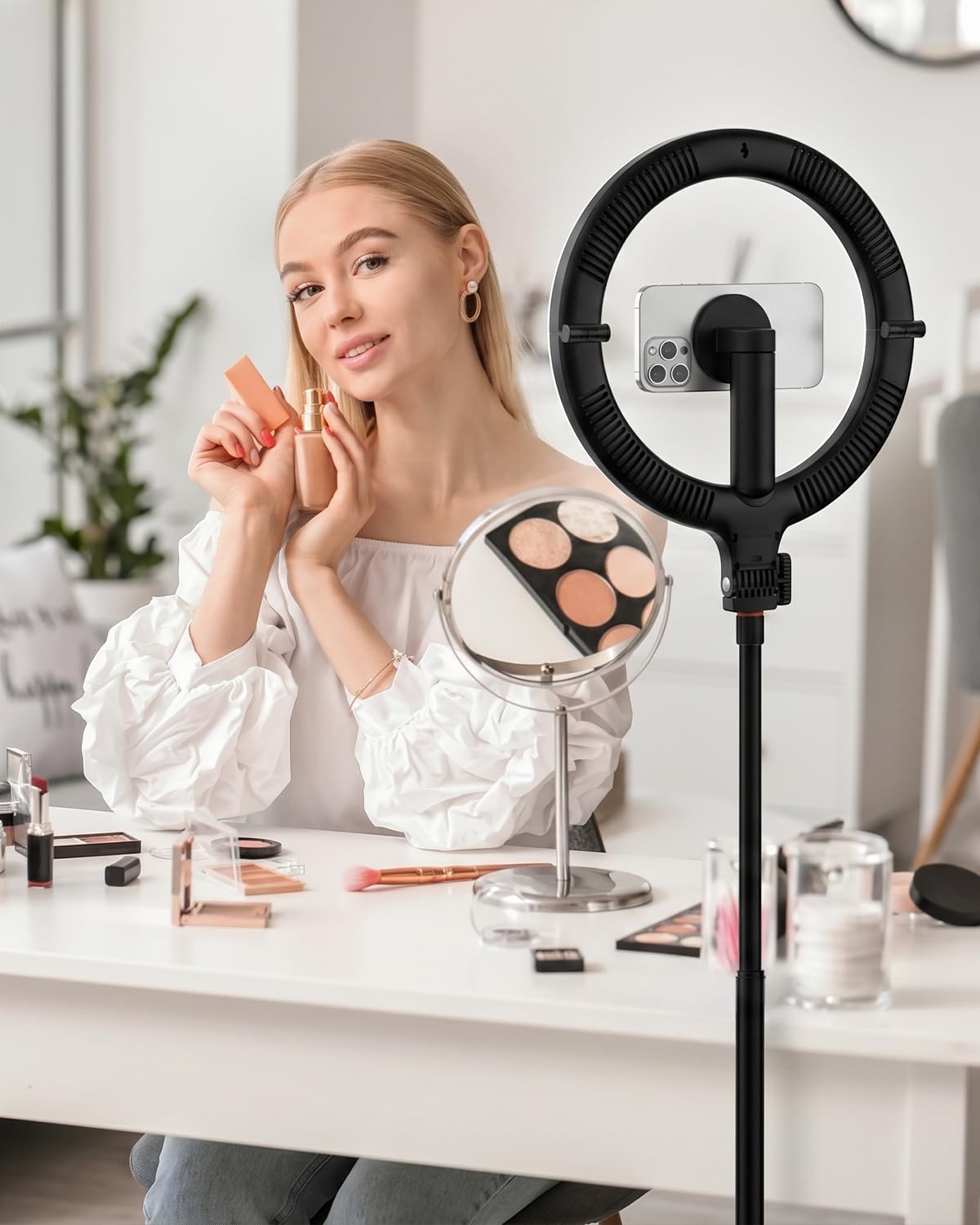 KraftGeek Ring Light with Stand, Magnetic Phone Tripod with Light – back view and specifications