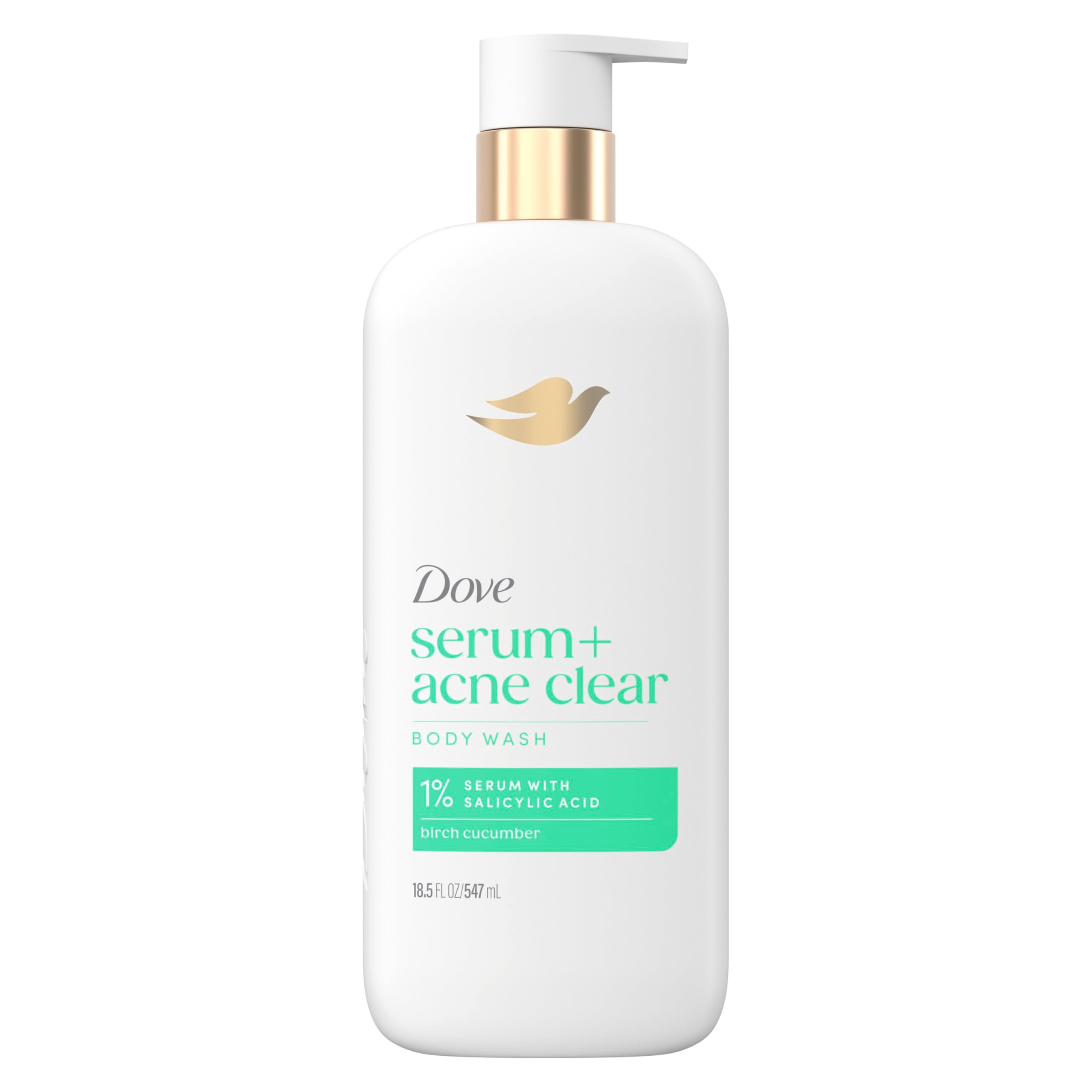 Dove Acne Clear Serum Body Wash with salicylic acid in an 18.5 oz bottle, designed for skin cleansing and acne treatment.