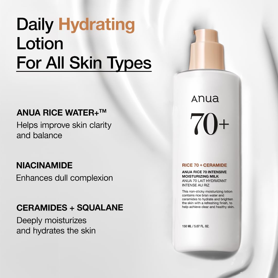ANUA Rice 70 Intensive Moisturizing Milk bottle showing white pump dispenser and label, for deep hydration and skin nourishment.