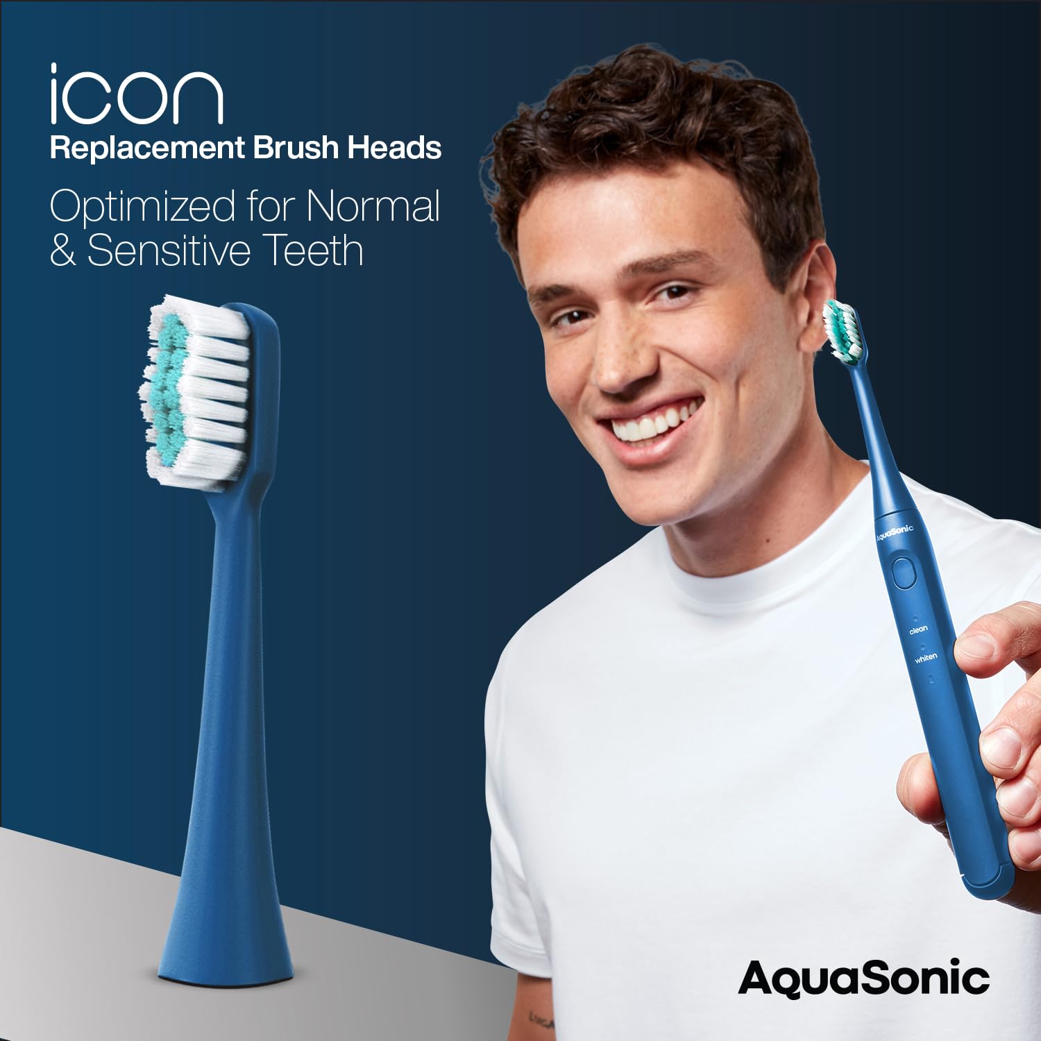 Two AquaSonic genuine icon replacement toothbrush heads in navy, compatible with AquaSonic Icon for normal and sensitive teeth.
