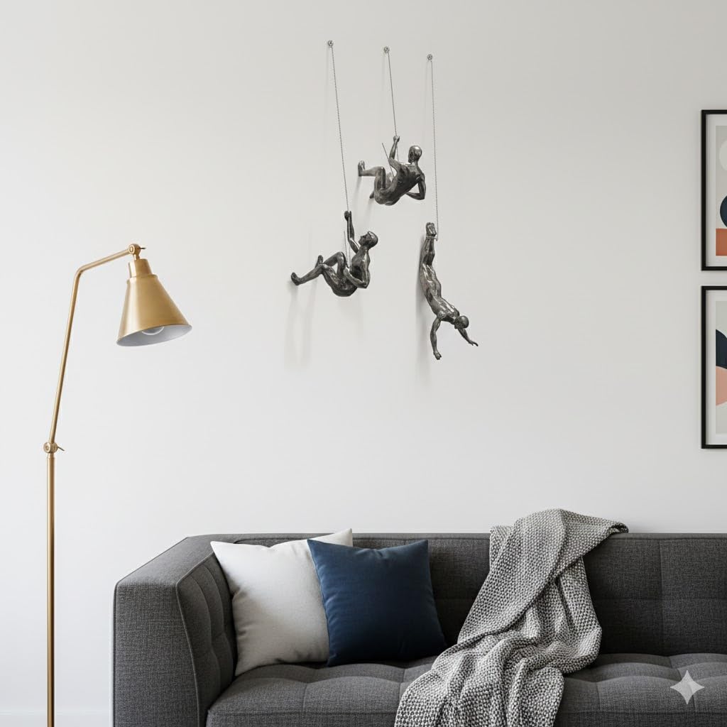 NestVogue Set of 3 Climbing Man Wall Sculpture - 3D Industrial Mountaineering Statue, Modern Abstract Rock Climber Wall 