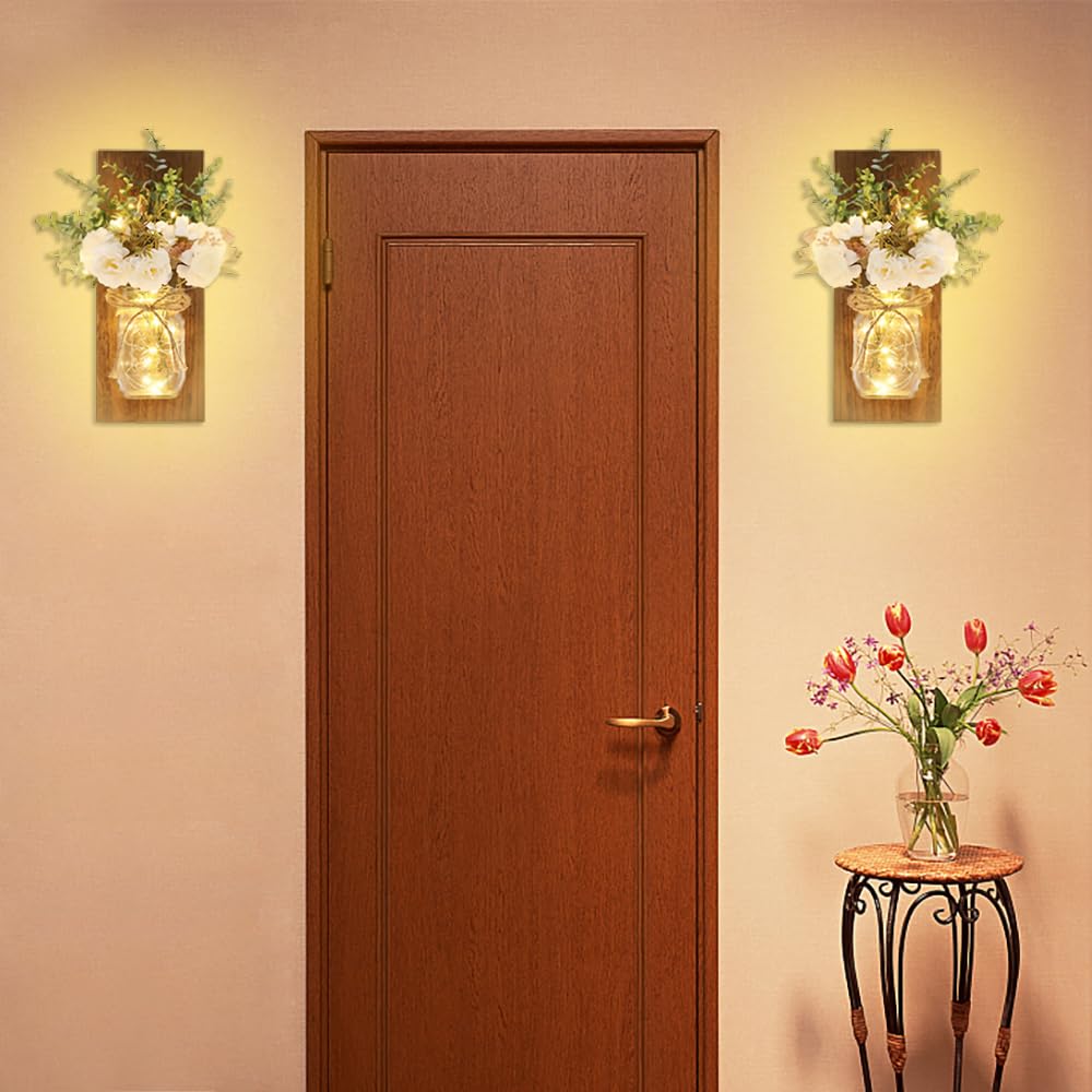 Homecor Rustic Wall Sconces Mason Jar Sconces Handmade Wall Art Hanging Design with Remote Control LED Fairy Lights and 