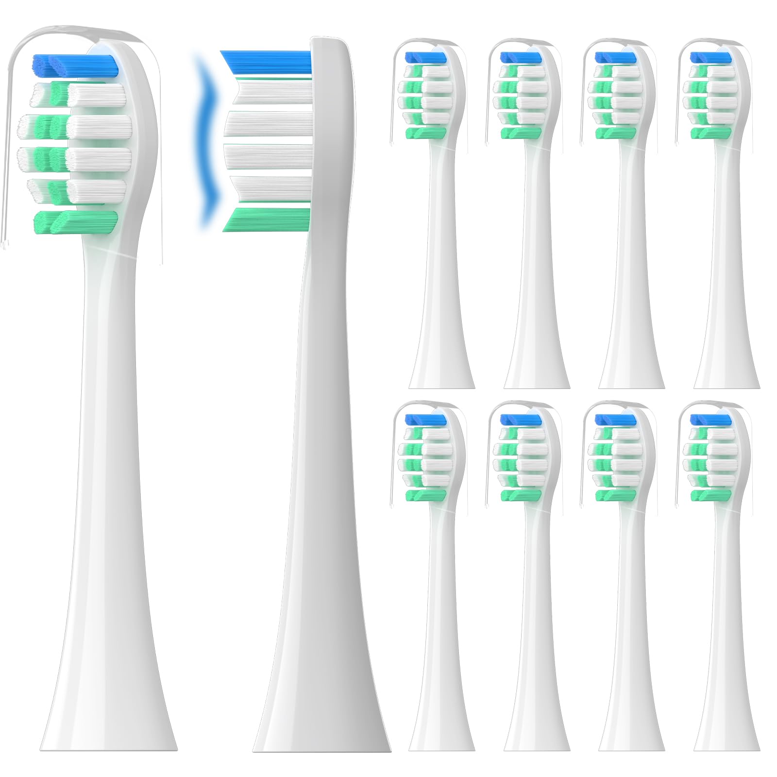 Topkitfice Sonicare soft snap-on replacement toothbrush heads in a 10-pack, compatible with Sonicare electric toothbrushes.