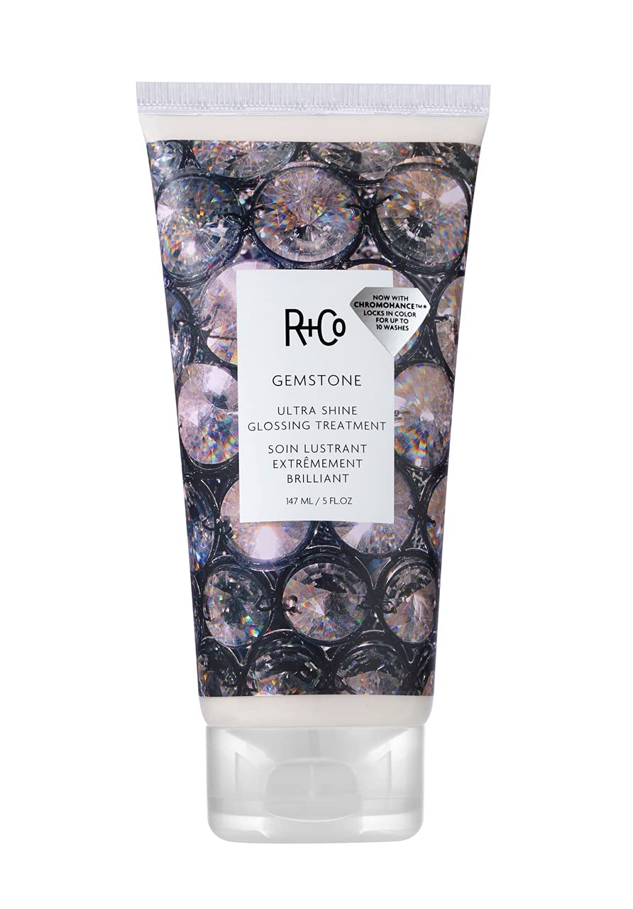 R+Co GEMSTONE Ultra Shine Glossing Treatment in 5 oz bottle, a hair styling agent for glossy, shiny hair.