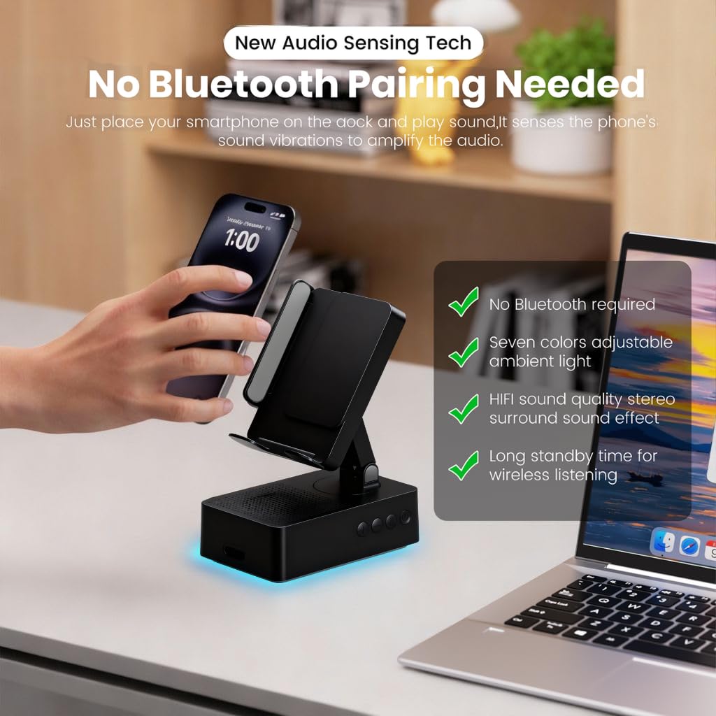 DBHBAODZI Wireless Sensor Speaker, Colorful LED Ambient Light; Foldable and Adjustable Phone Holder, Compatible with iPh