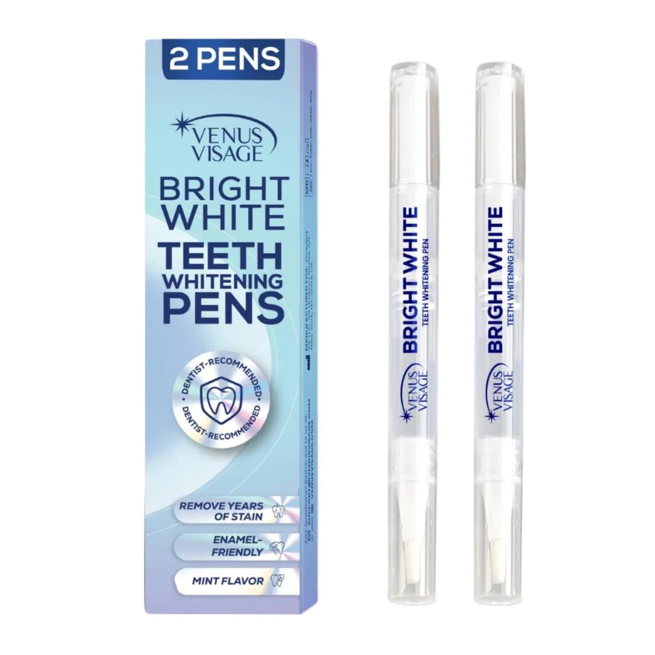 Venus Visage Whitening Pen 2-Pack with enamel-safe mint flavor, designed for easy at-home teeth whitening.