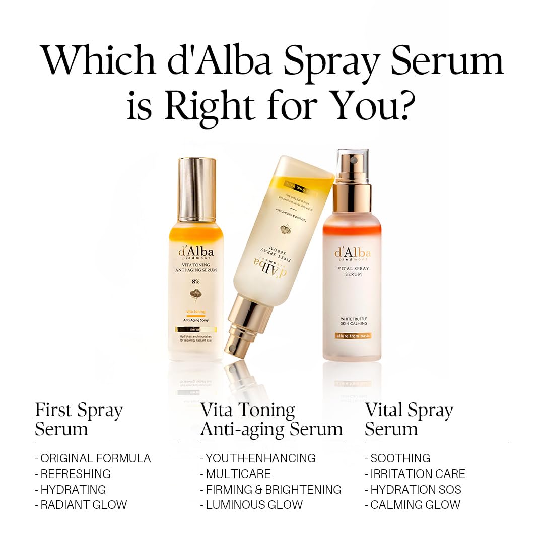 d'alba Piedmont Vita Toning Anti-Aging Serum in a clear bottle, showing the serum's smooth texture and applicator tip.