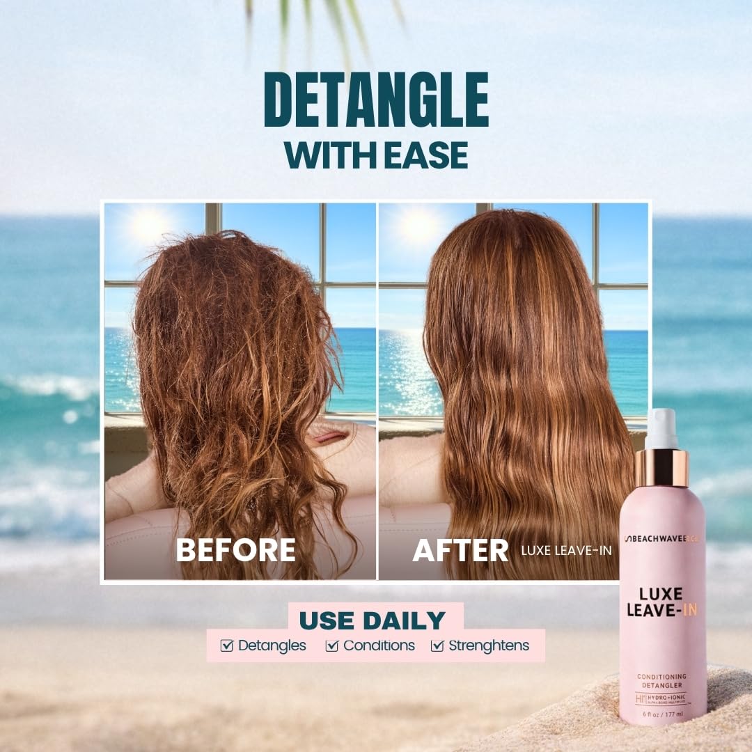 Beachwaver Luxe Leave-In Conditioning Detangler in 6 fl oz bottle, showing the sleek conditioner packaging with a pump dispenser.