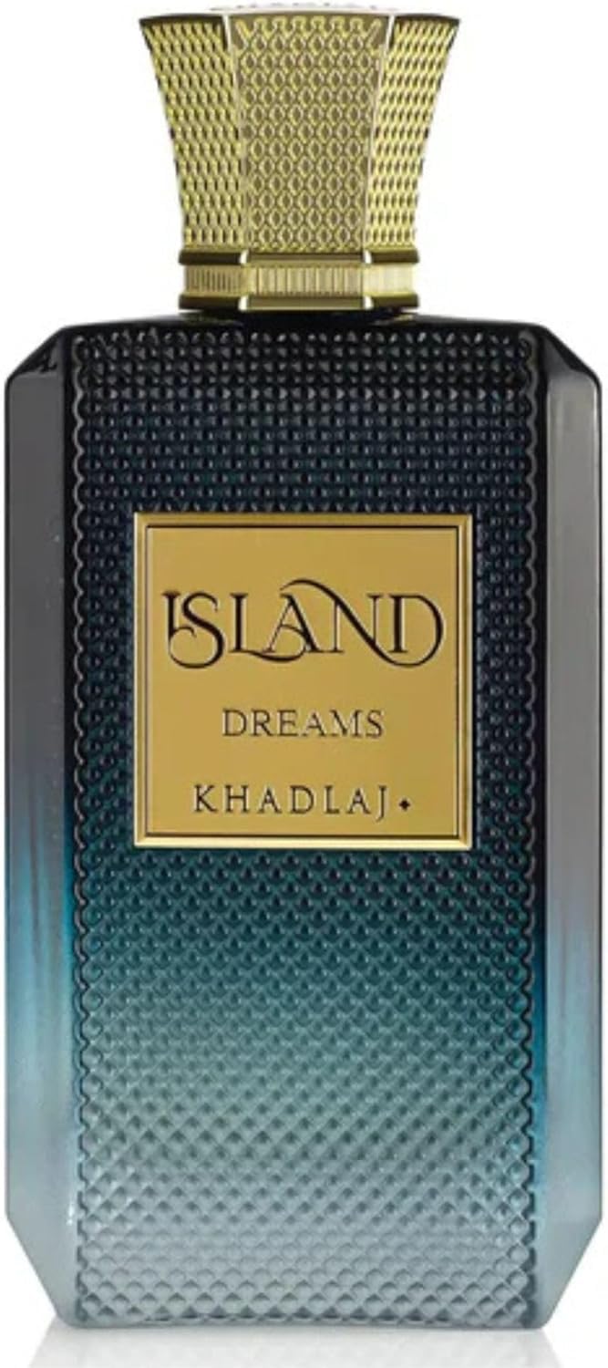 Khadlaj Island Dreams Extrait de Parfum 3.4oz, a luxurious personal fragrance bottle with tropical-inspired scent details.