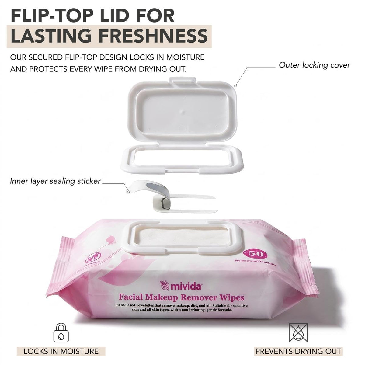 mivida Professional Makeup Remover Wipes Bulk Case | 500 Wipes (10 Packs x 50) | HRIPT Dermatologist Tested | Fragrance 