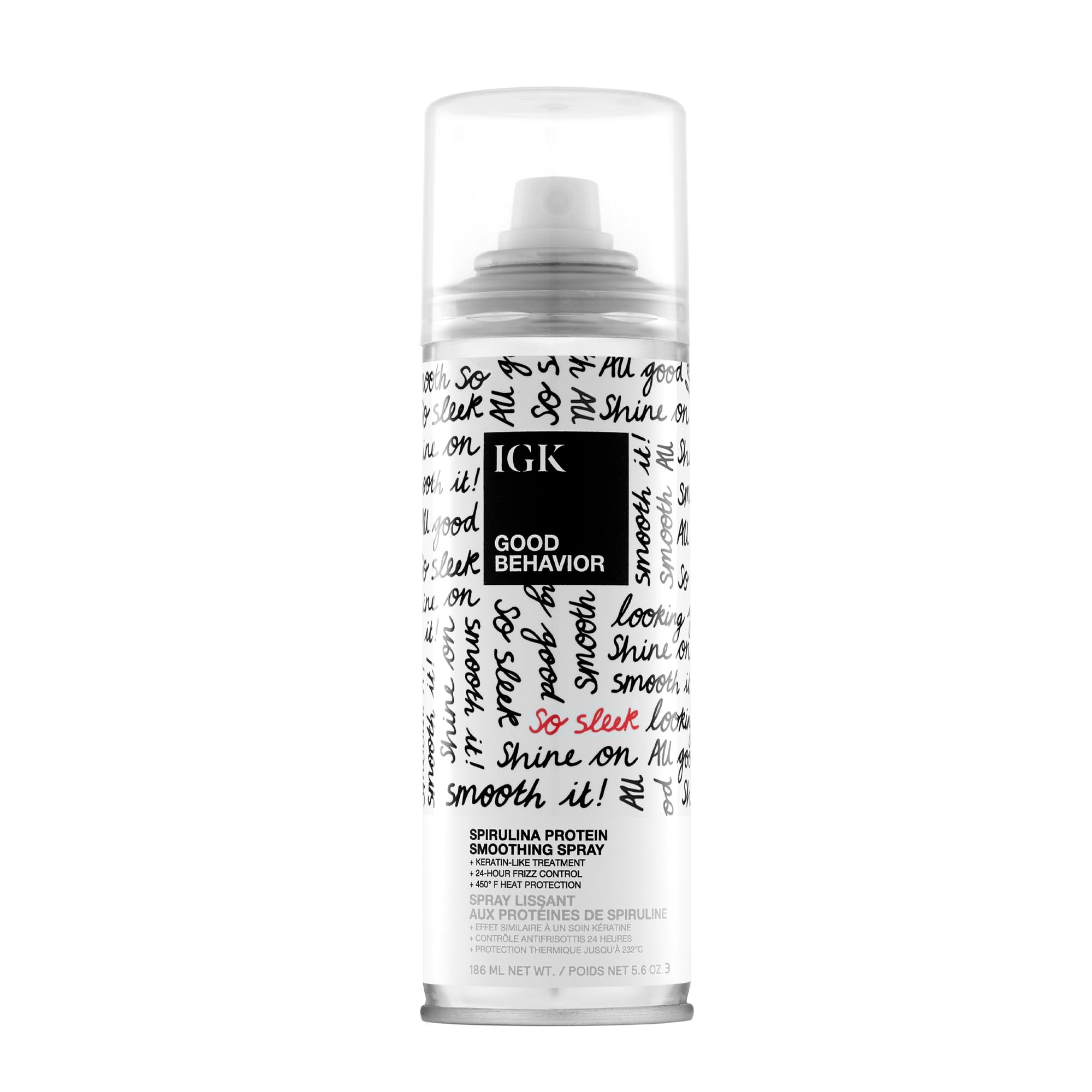 IGK Good Behavior Spirulina Smoothing Spray for hair, 5.6oz, styling agent with smoothing and heat protection benefits.