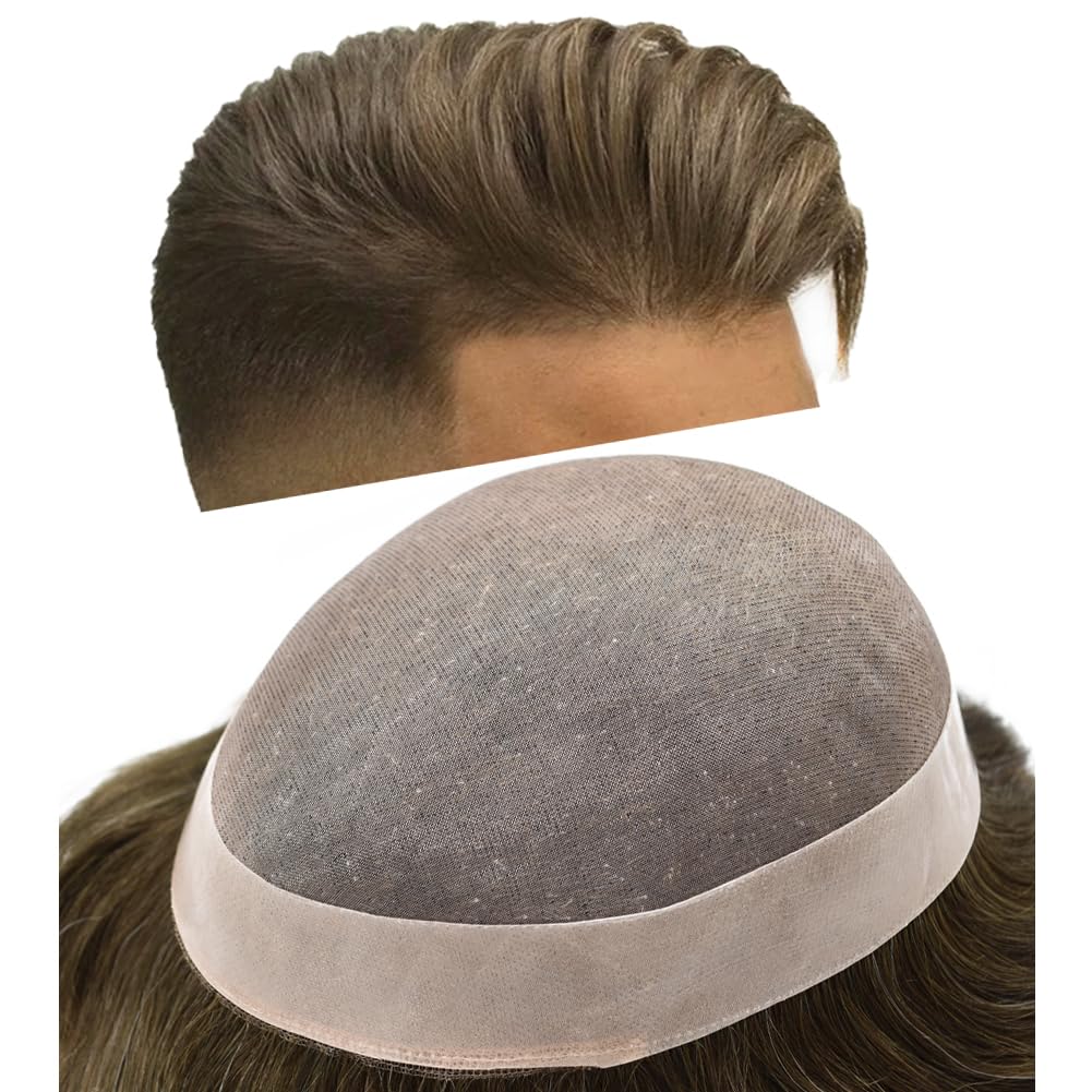 Curve Hair Mens Toupee Human Hair Piece Replacement System Monofilament Wig Hair Unit for Men Durable Poly Coated Mens Hairpiece (#520 Light-Med Brown+20% Gray, 6"X8")