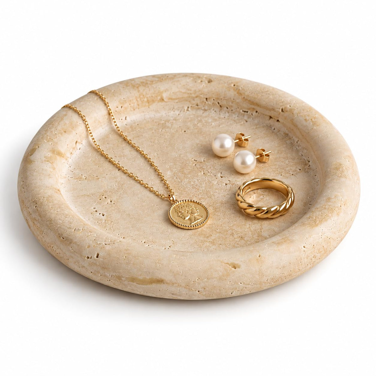 IPEDWO Natural Travertine Jewelry Dish,7.7" Stone Tray for Ring and Earring – Gold, Stone