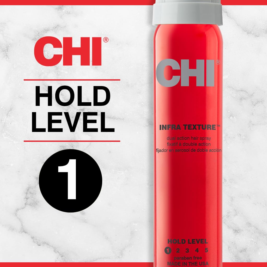 CHI Infra Texture Dual Hair Spray bottle showing 2.6oz size, designed to add shine and movement to styled hair.