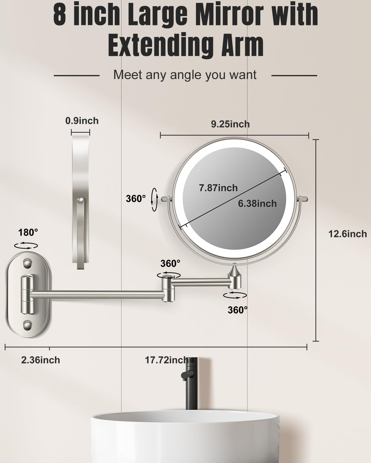 VFD 8'' 30X/1X Wall Mounted Lighted Magnifying Makeup Mirror with Lights