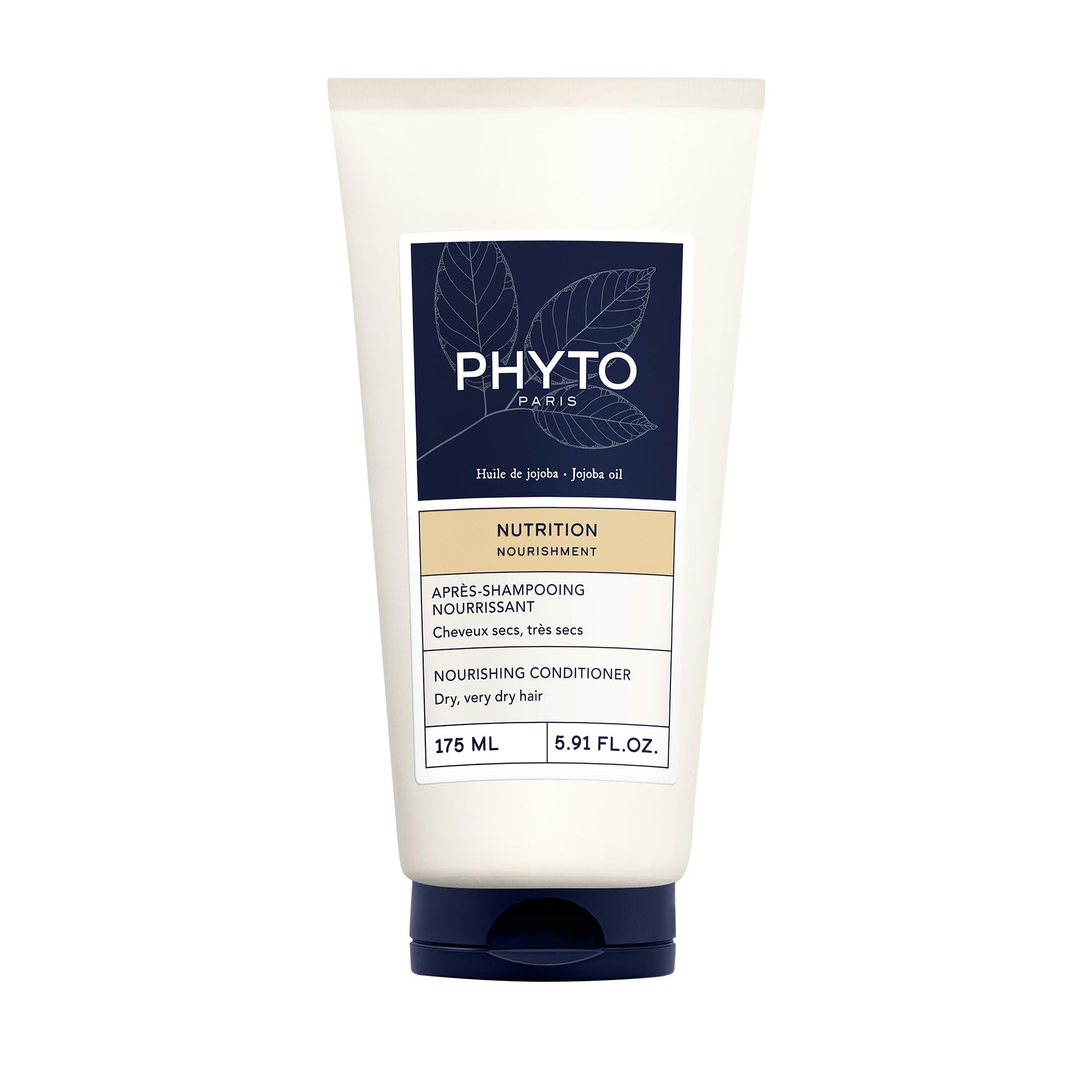 PHYTO Nourishment Conditioner with Jojoba Oil, 5.91 oz, showing creamy conditioner in a sleek bottle with Jojoba seeds.