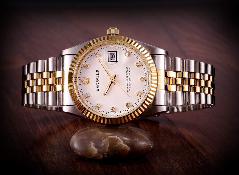 FANMIS Luxury Unisex Gold Crystal Quartz Calendar Gold Tone Stainless Steel Watch (White) – packaging and label