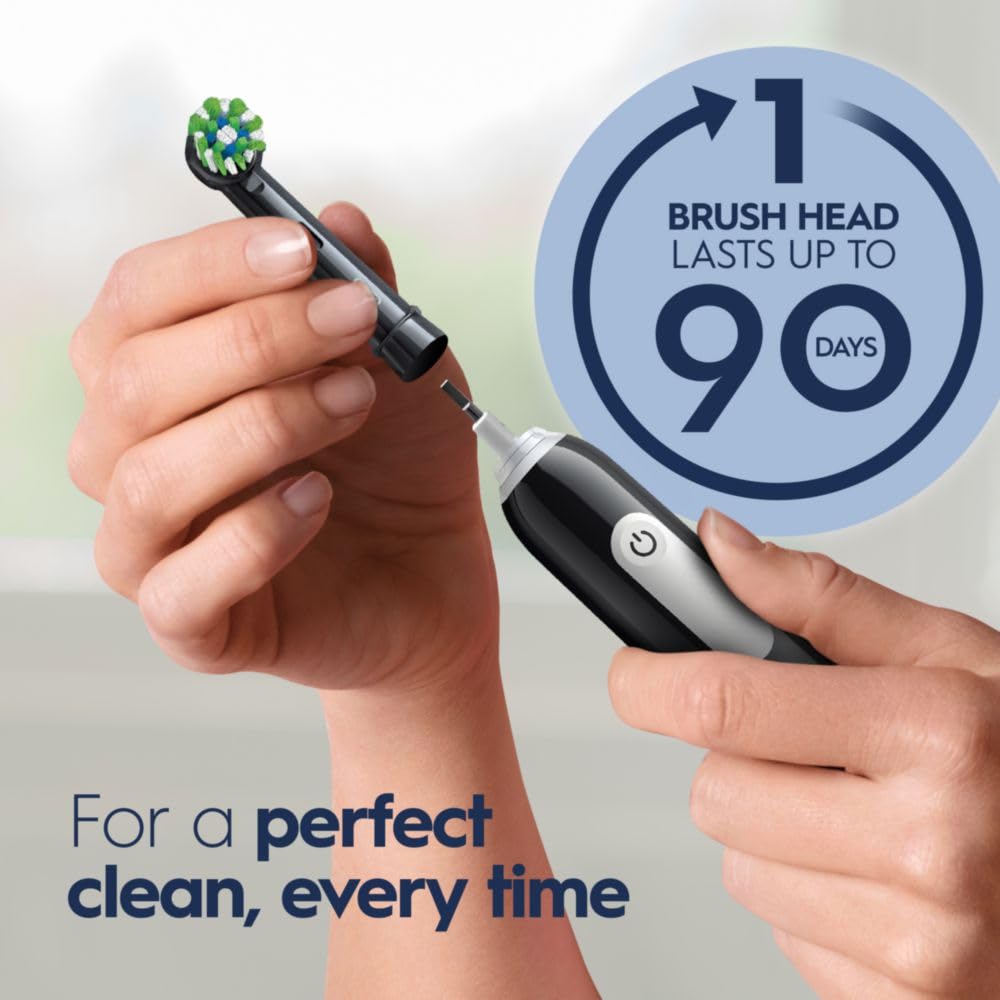 Black Oral-B Pro 1000 rechargeable electric toothbrush with ergonomic handle and cleaning brush head.