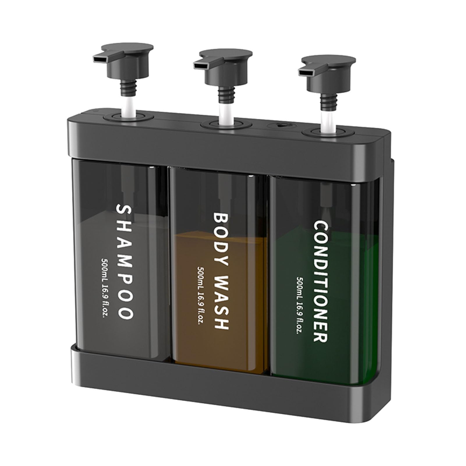 Omabeta dark gray refillable soap dispenser with a stylish 3-chamber pump design, suitable for desktop or wall mounting, 500ml capacity.
