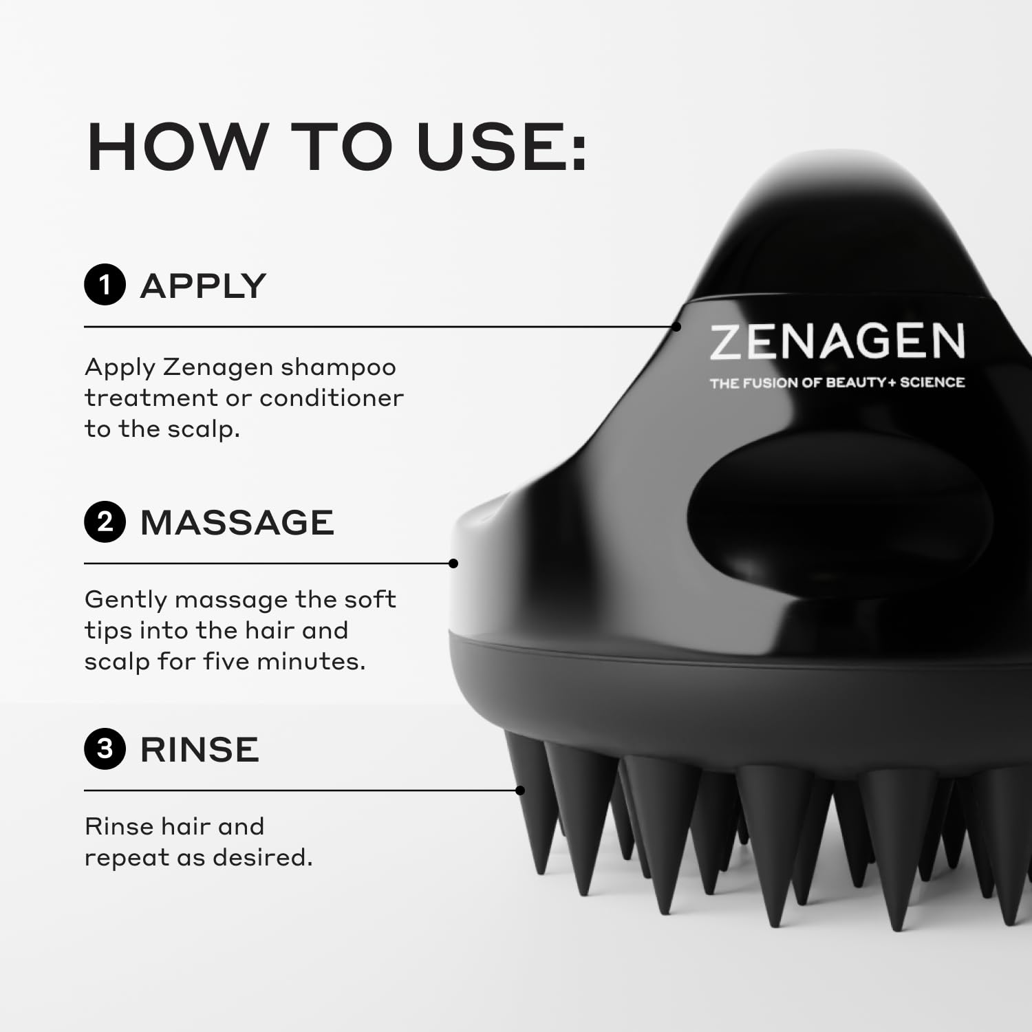 Zenagen scalp massager with soft silicone nodes for stimulating scalp circulation and relaxing hair care routine.