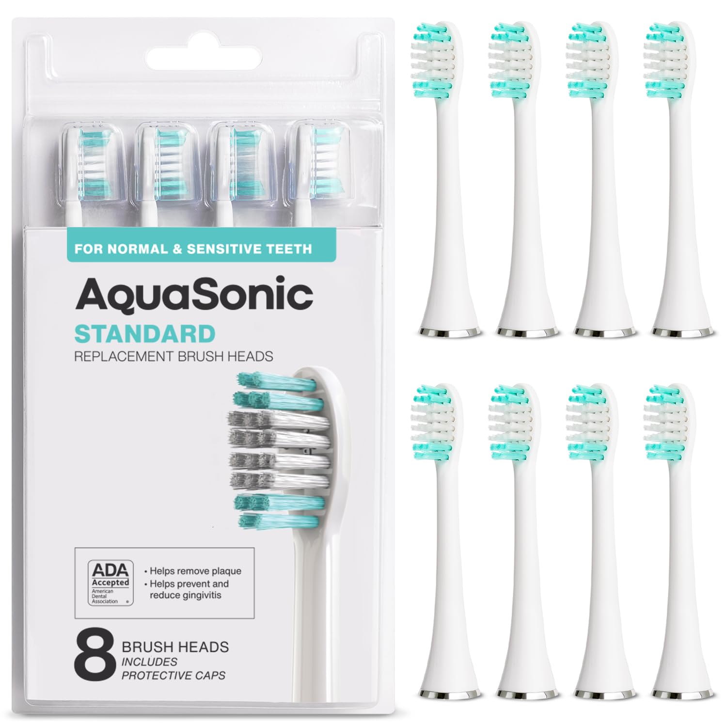 Set of eight AquaSonic standard replacement toothbrush heads for normal and sensitive teeth, compatible with AquaSonic electric toothbrushes.