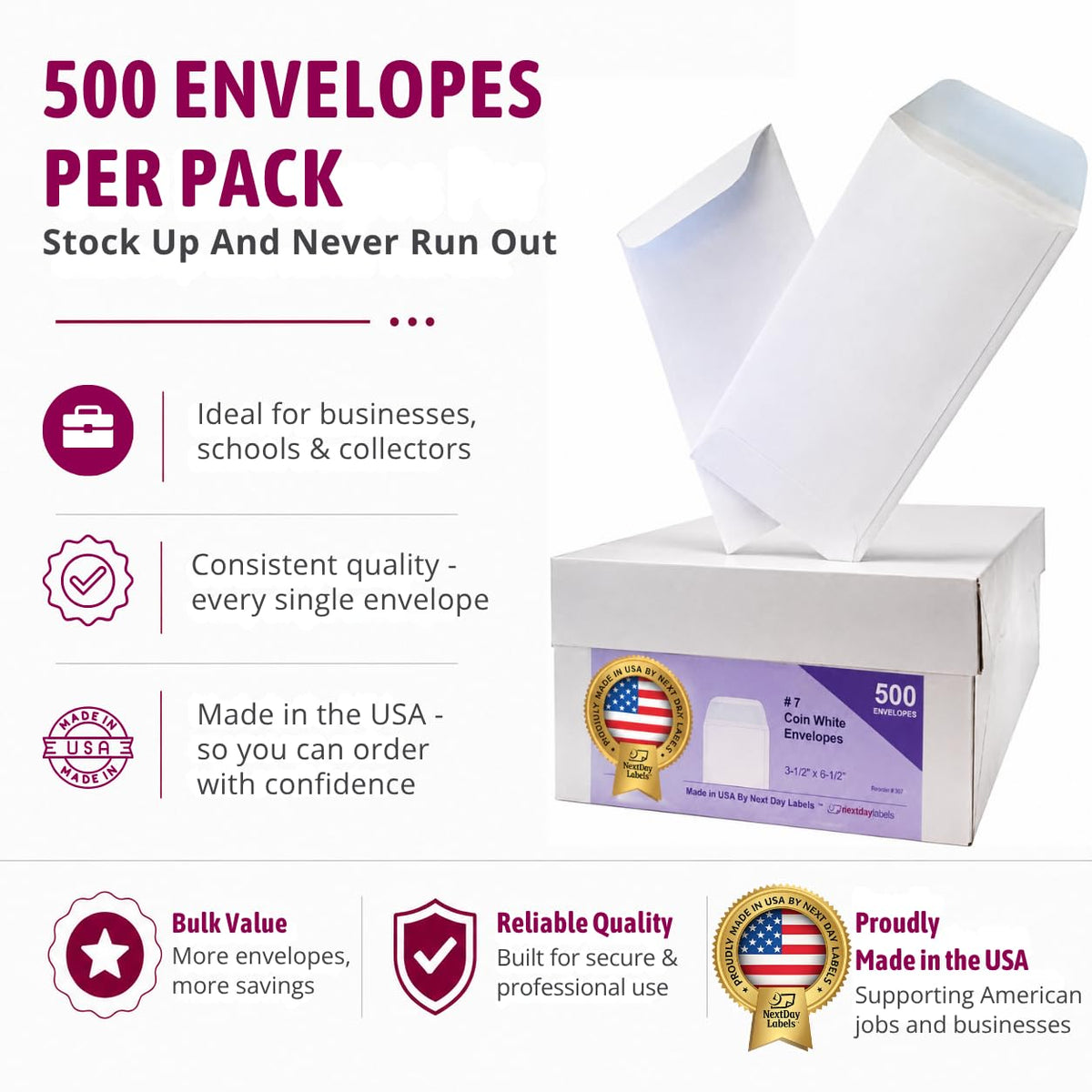NextDayLabels - Box of 500#7 White Coin Envelopes, Made in USA – alternate angle