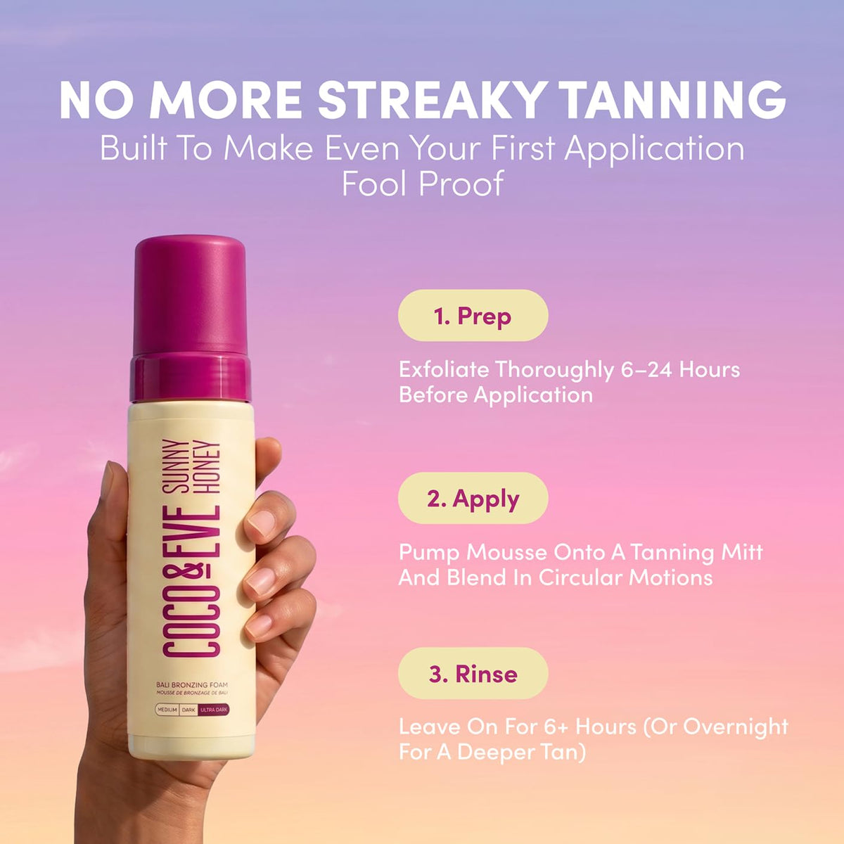 Coco & Eve Sunny Honey Bronzing Self Tanner Mousse - Medium, 6.7 fl oz – back view and specifications