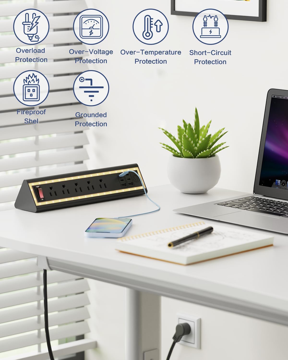 NYYTGE Desk Clamp Power Strip with Nightlight, 40W Fast Charging, 6FT Extension Cord, 4x20W USB-C & 2 USB Ports, 5 AC Ou