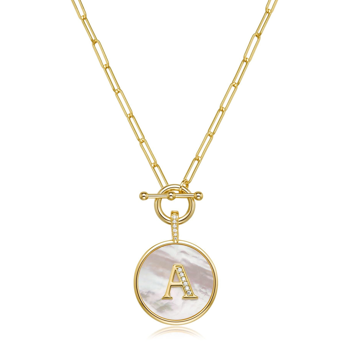 Pearich 14K Gold Filled Initial Pendant Necklace for Women, Toggle, 20 Inch – Letter A, Gold, Mother Of Pearl, mediun