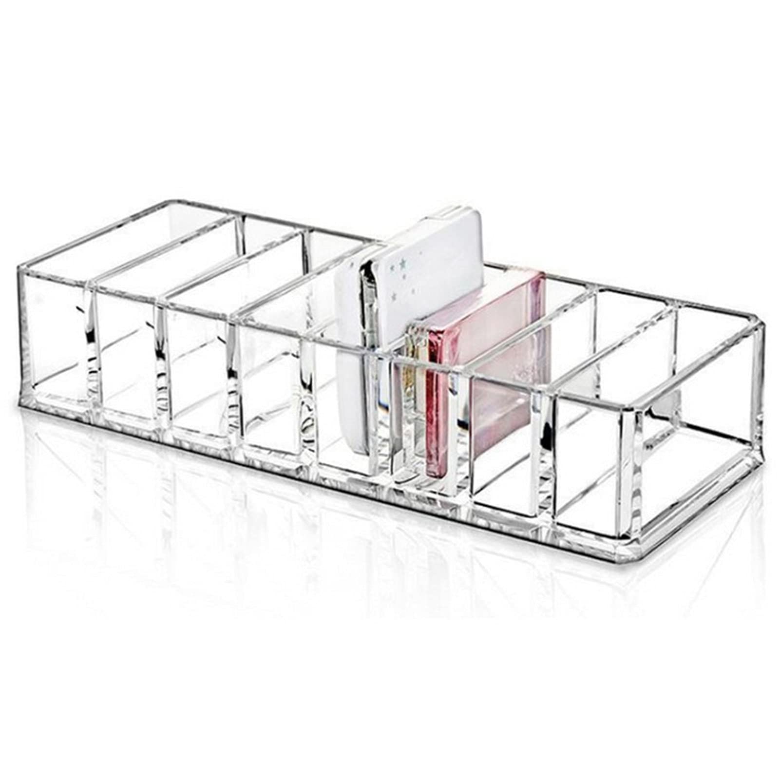 RIZGHWOY transparent plastic cosmetic organizer tray with six compartments for makeup and toiletry storage at home or store.