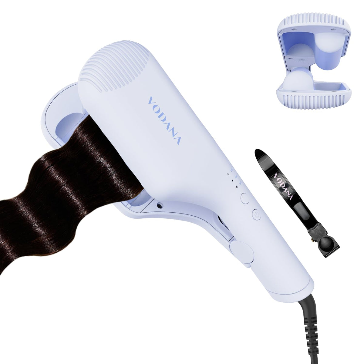 vodana Mini Hair Waver - Portable Ceramic Curling Iron, Long-Lasting Beach Waves, Fast Heat-Up Double Barrel (1.25 inch,