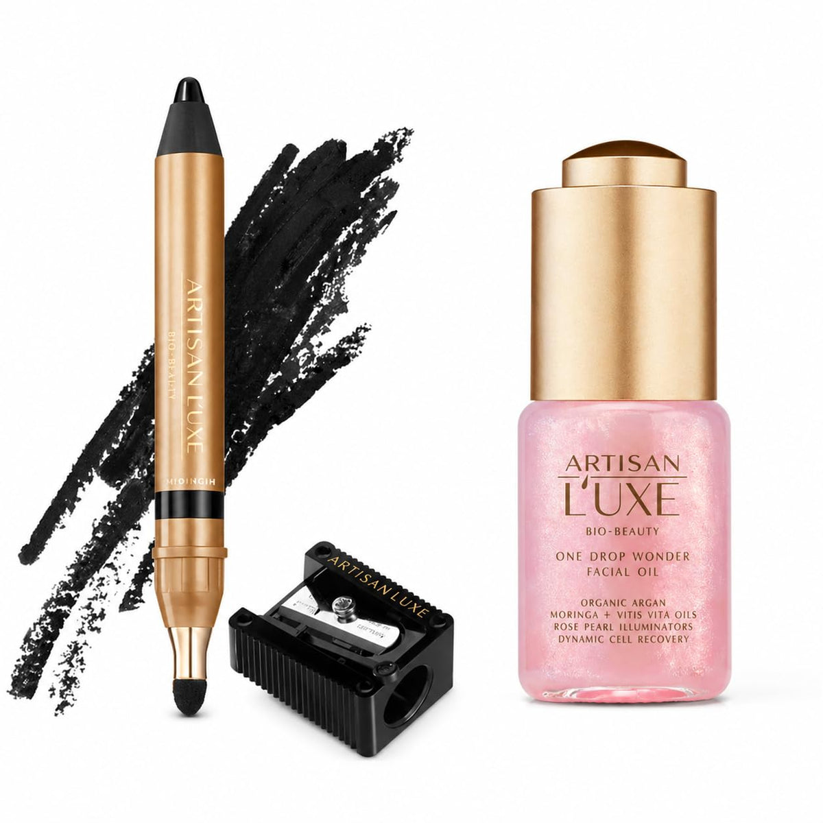 Artisan L'uxe Artisan LUXE Beauty Bundle - Velvet Jumbo Eyeliner Pencil & Sharpener Set & One Drop Wonder Facial Oil wit