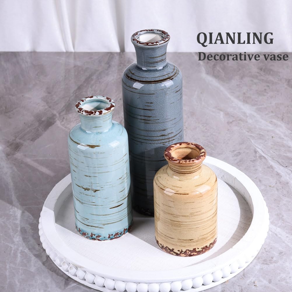 QIANLING Ceramic Vase Set - 3 Small Flower Vases Home Decor, Modern Rustic Farmhouse Pottery Vases for Centerpieces, Liv