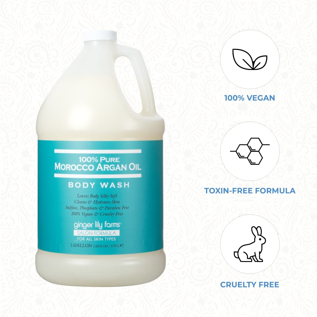 Ginger Lily Farms Argan Oil Body Wash refill gallon, natural skin cleaning agent with moisturizing argan oil, in a large refill container.