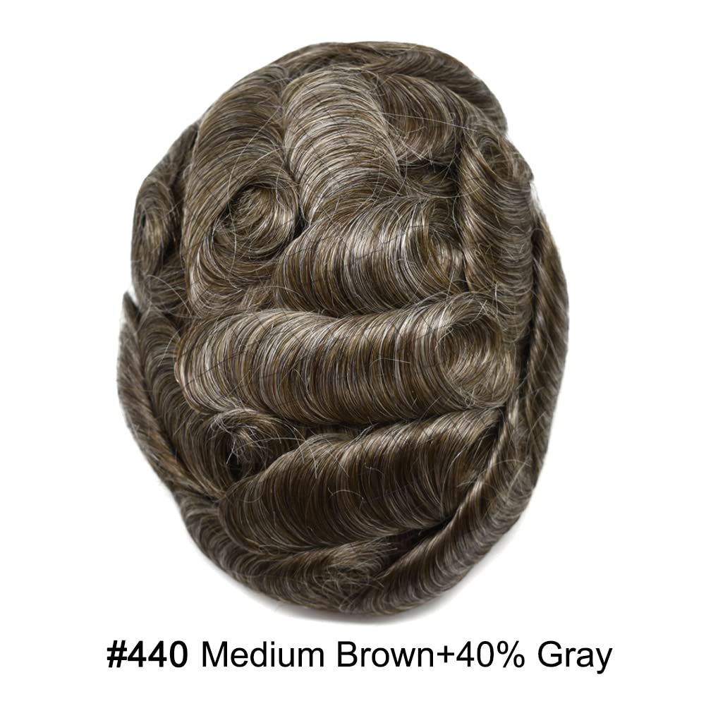 Curve Hair Mens Toupee Human Hair Piece Replacement System Monofilament Wig Hair Unit for Men Durable Poly Coated Mens Hairpiece (#440 Medium Brown+40% Gray, 6"X9")