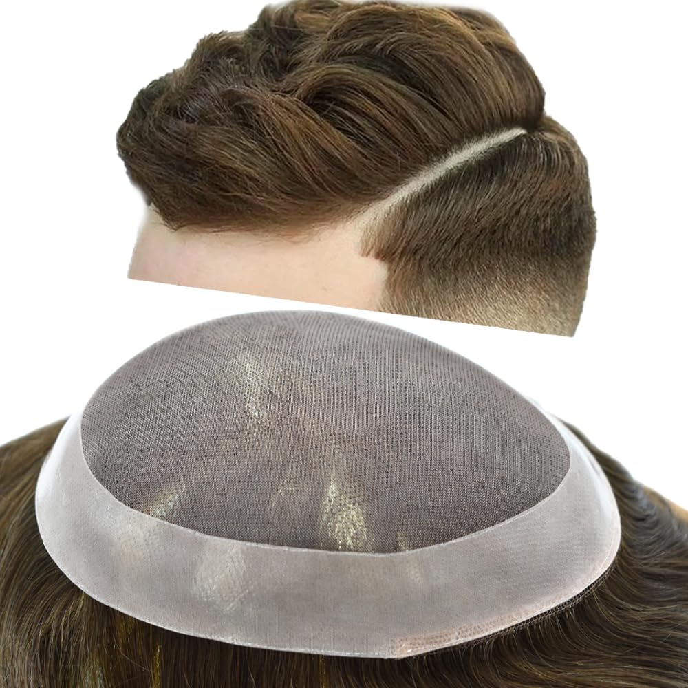 Curve Hair Mens Toupee Human Hair Piece Replacement System Monofilament Wig Hair Unit for Men Durable Poly Coated Mens Hairpiece (#5 Med-light Brown, 5"X7")