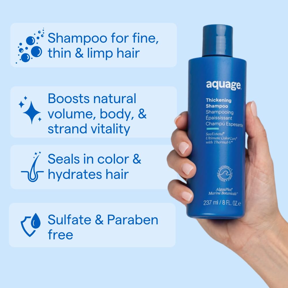 Aquage Thickening Shampoo for fine hair, color-safe 8 oz bottle, natural lather and volumizing formula for thinner hair types.