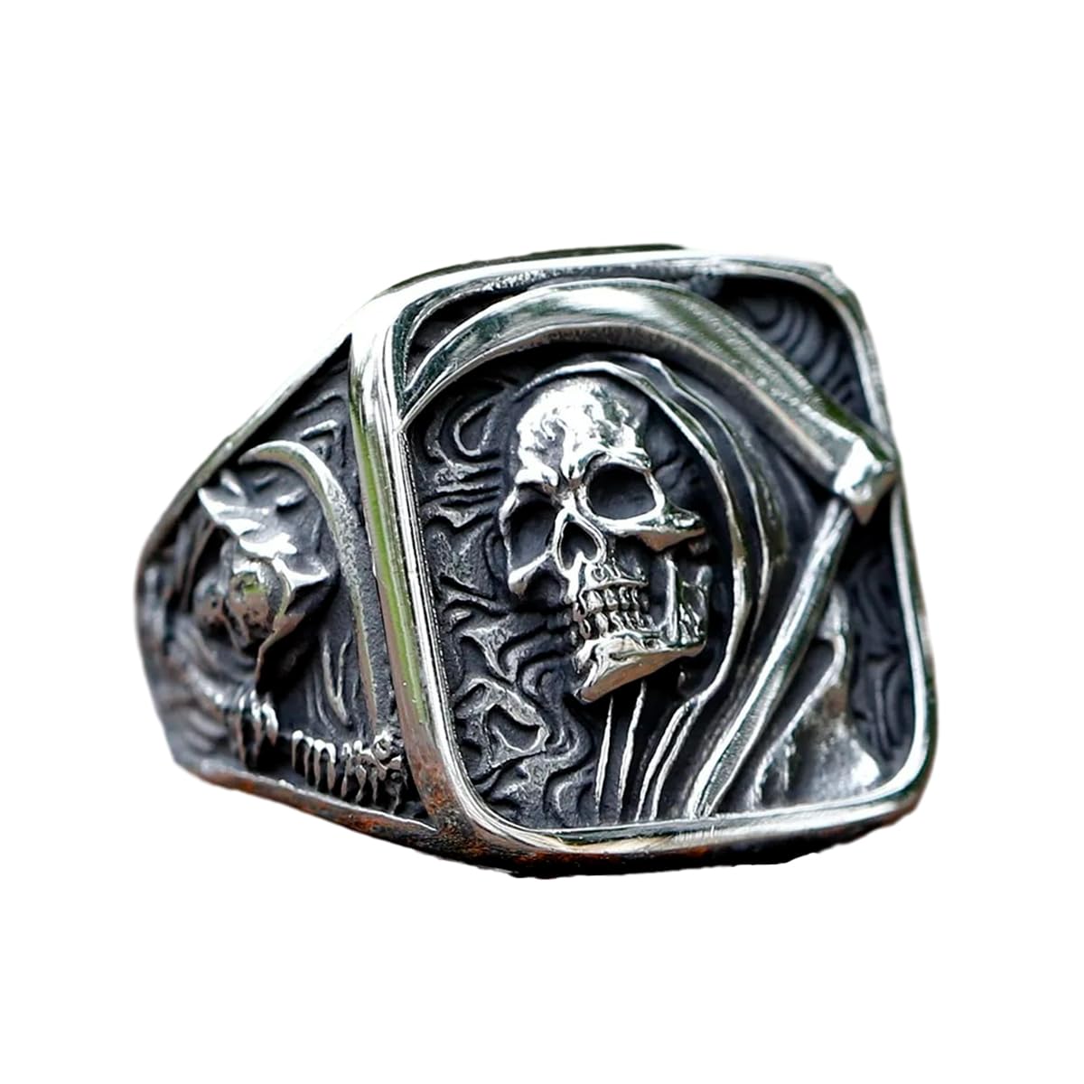 ZMY Home Grim Reaper Ring for Men – Gold Skull with Scythe Signet Statement Ring, Death Biker Punk Stainless Steel Jewel