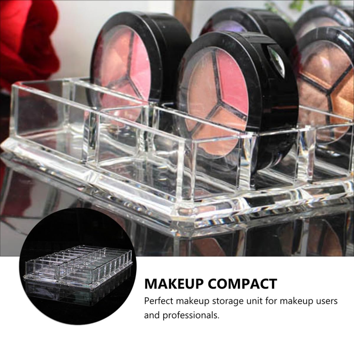 TEHAUX acrylic makeup display caddy with 16-grid double-row compact powder organizer for beauty and vanity storage