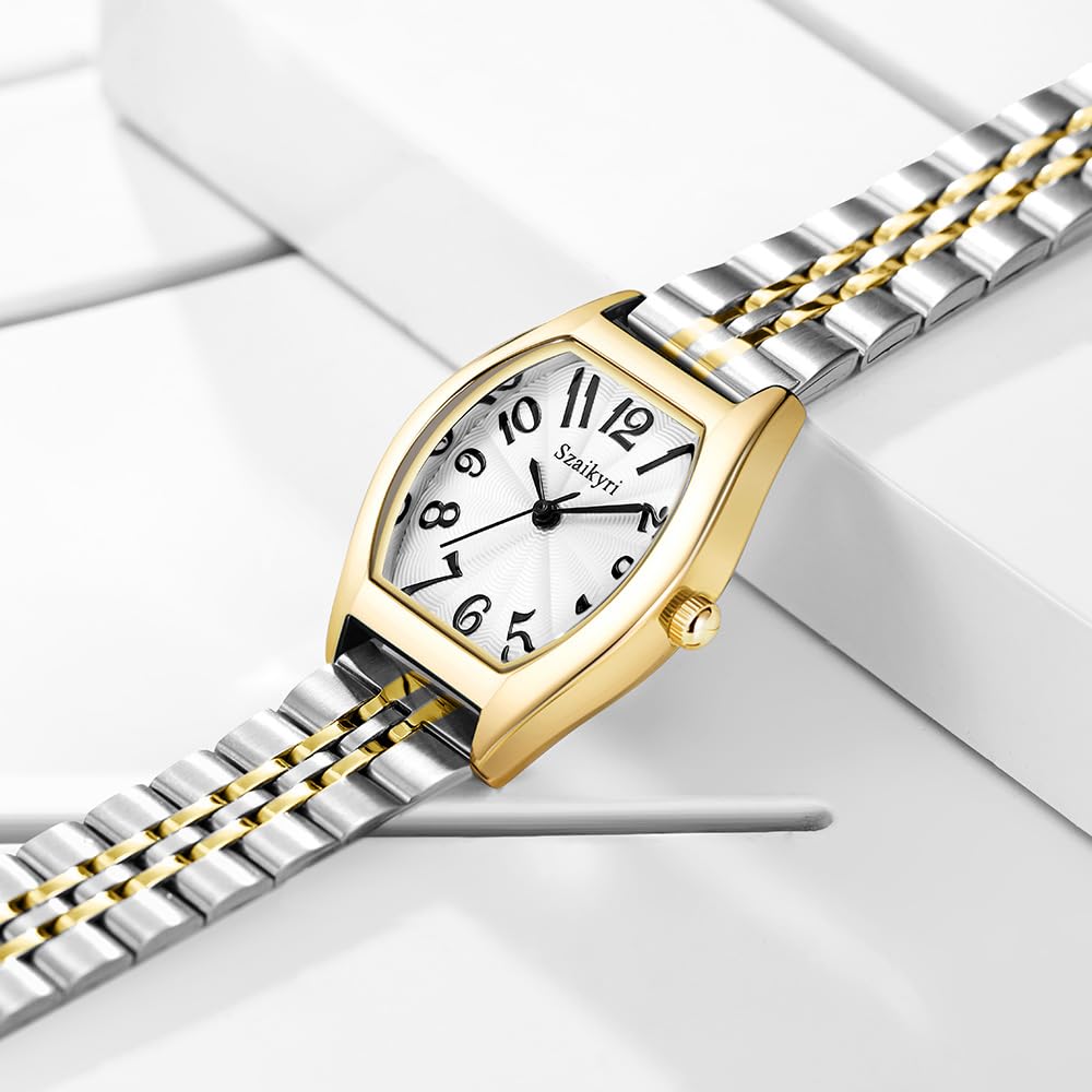 Szaikyri Barrel-Shaped Watch for Women with Easy Read Arabic Numerals Ladies Dress Watch – packaging and label
