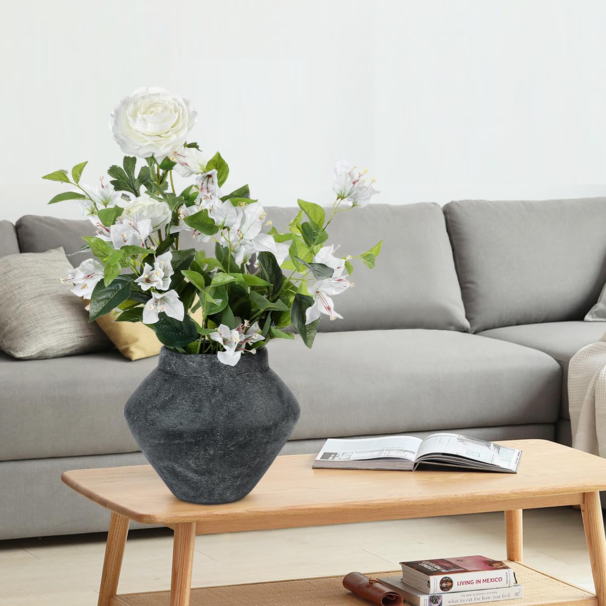 Briful Large Rustic Ceramic Vase with Distressed Finish, 8.2'' Tall Wide-Belly Decorative Flower Vases with Felt Pads, R