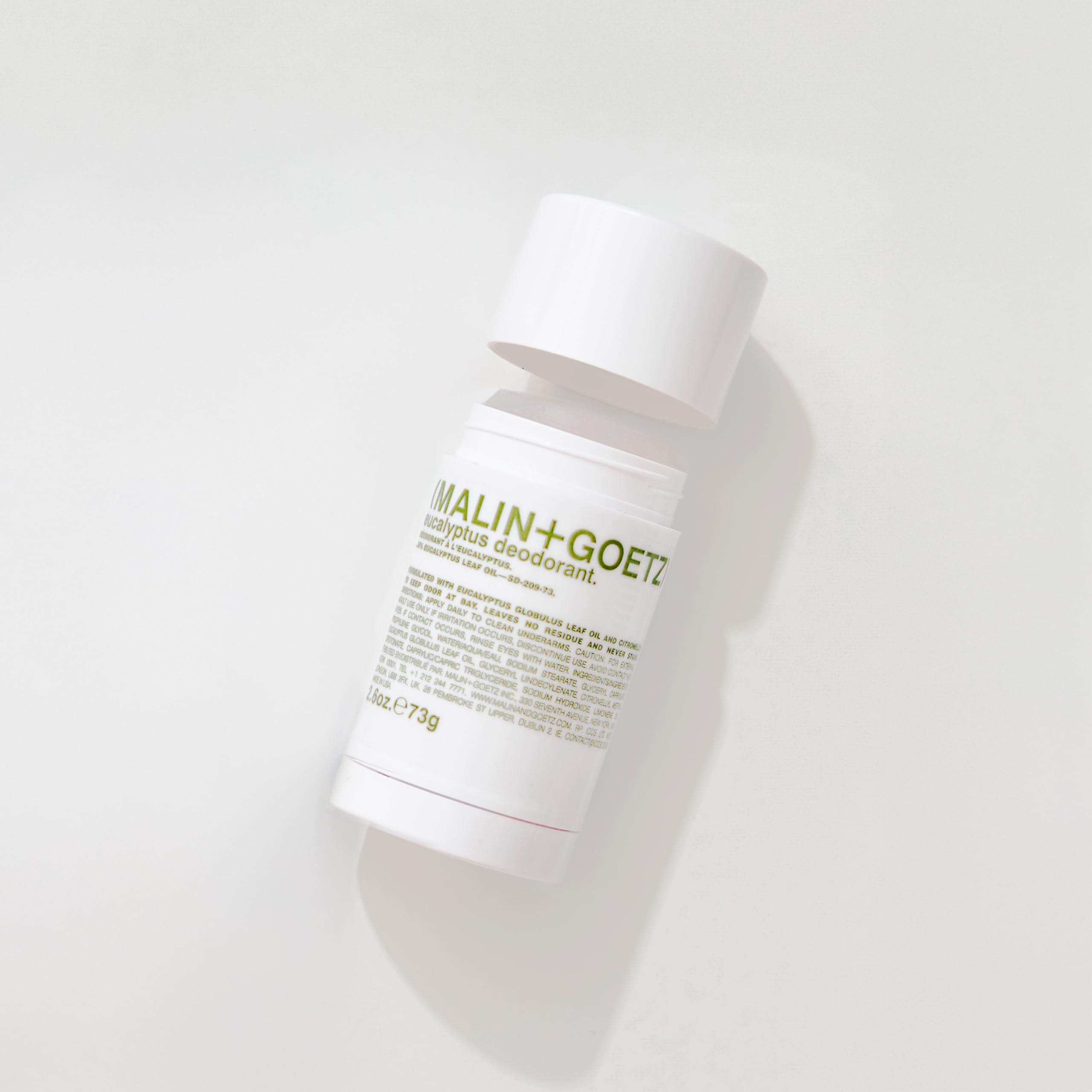 MALIN+GOETZ Eucalyptus deodorant stick, 2.6 oz, natural body deodorant with fresh eucalyptus scent and sleek packaging.