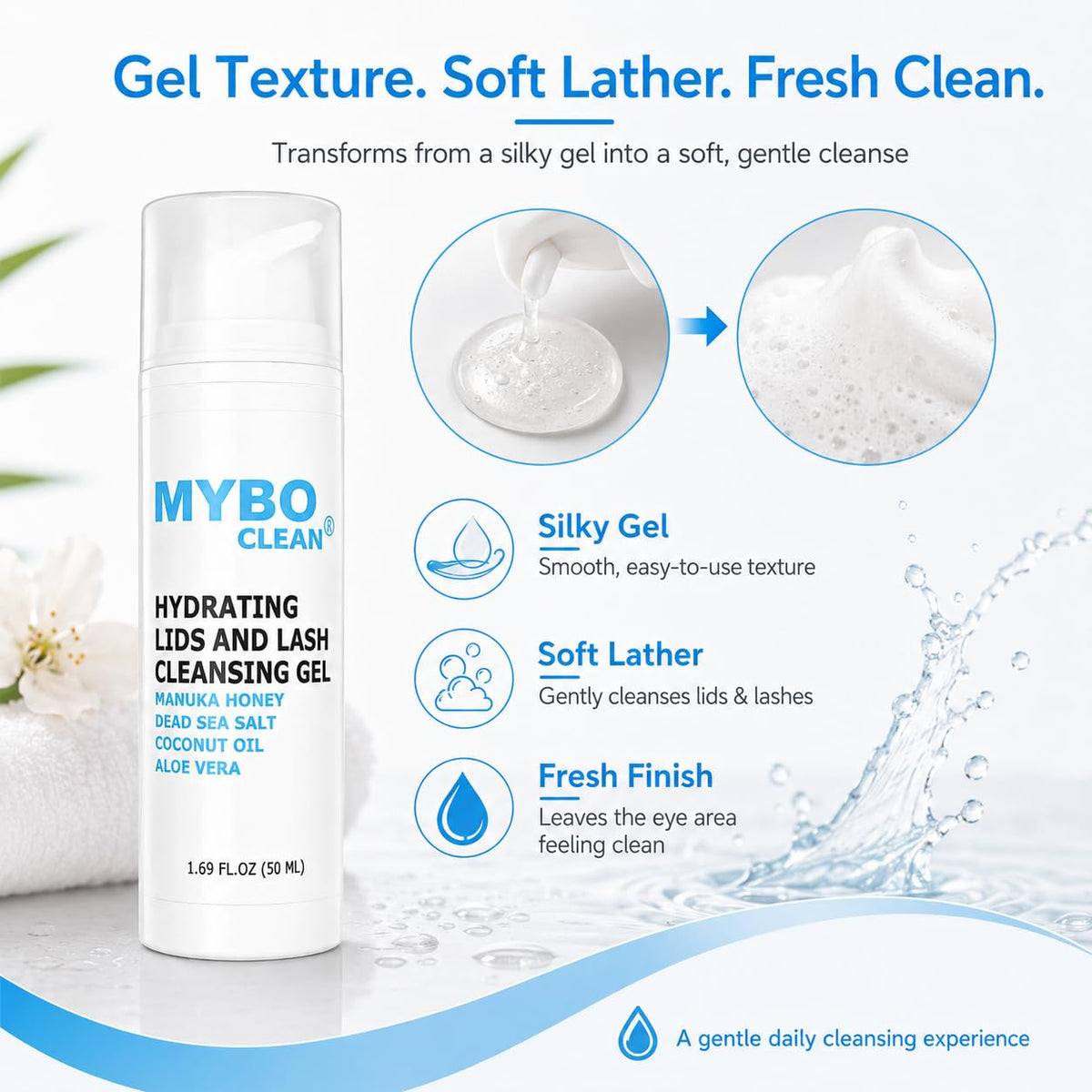 Myboclean Mybo Clean Eyelid Cleansing Brush for Sensitive Skin (1 Pc) + Hydrating Lids and Lash Cleansing Gel (1Pc) + Tr