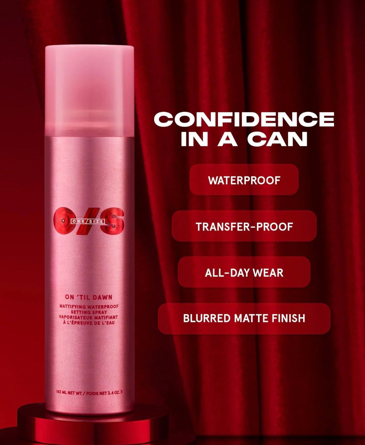 One Size On 'Til Dawn Mattifying Waterproof Setting Spray 3.4 oz / 143 mL – packaging and label