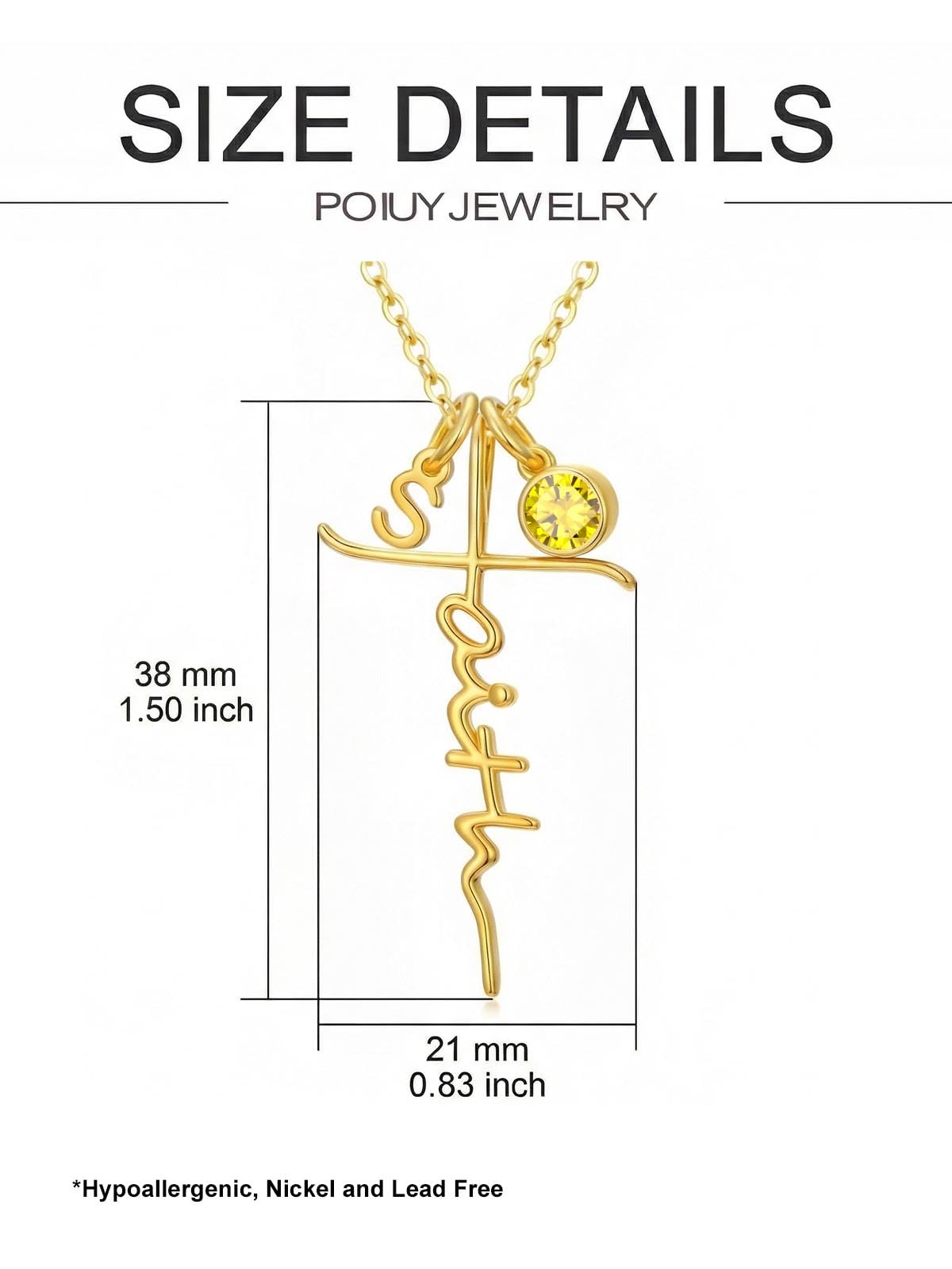 Poiuy Faith Cross Necklaces for Women with Initial Charms and Birthstone – back view and specifications