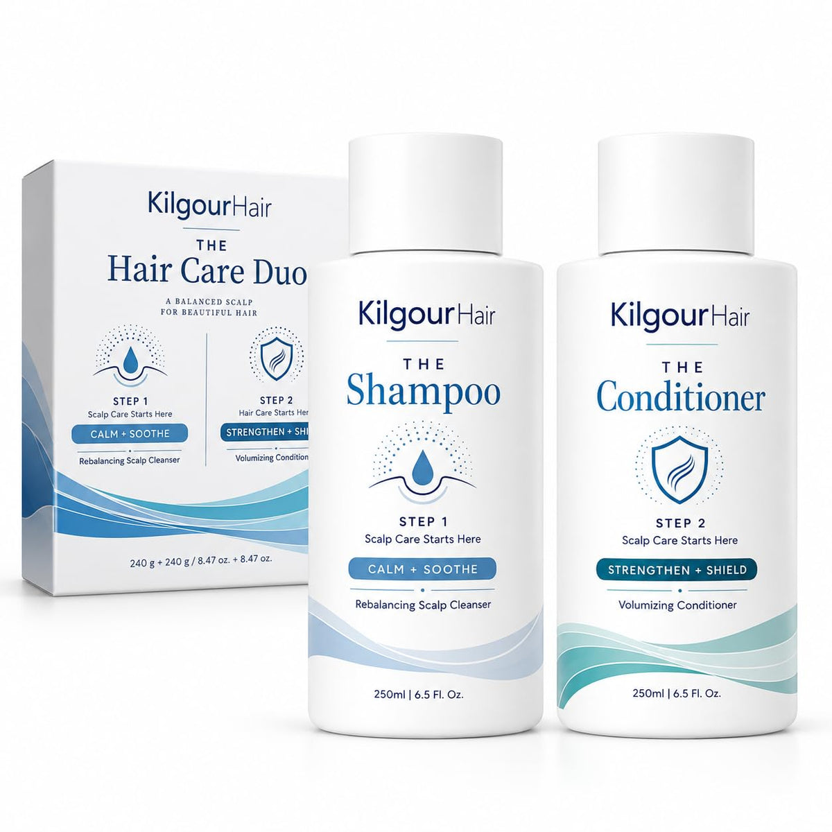 Qyewno KilgourHair Shampoo and Conditioner Set, 250ml Each, Scalp Care Shampoo to Calm & Soothe, Volumizing Conditioner 