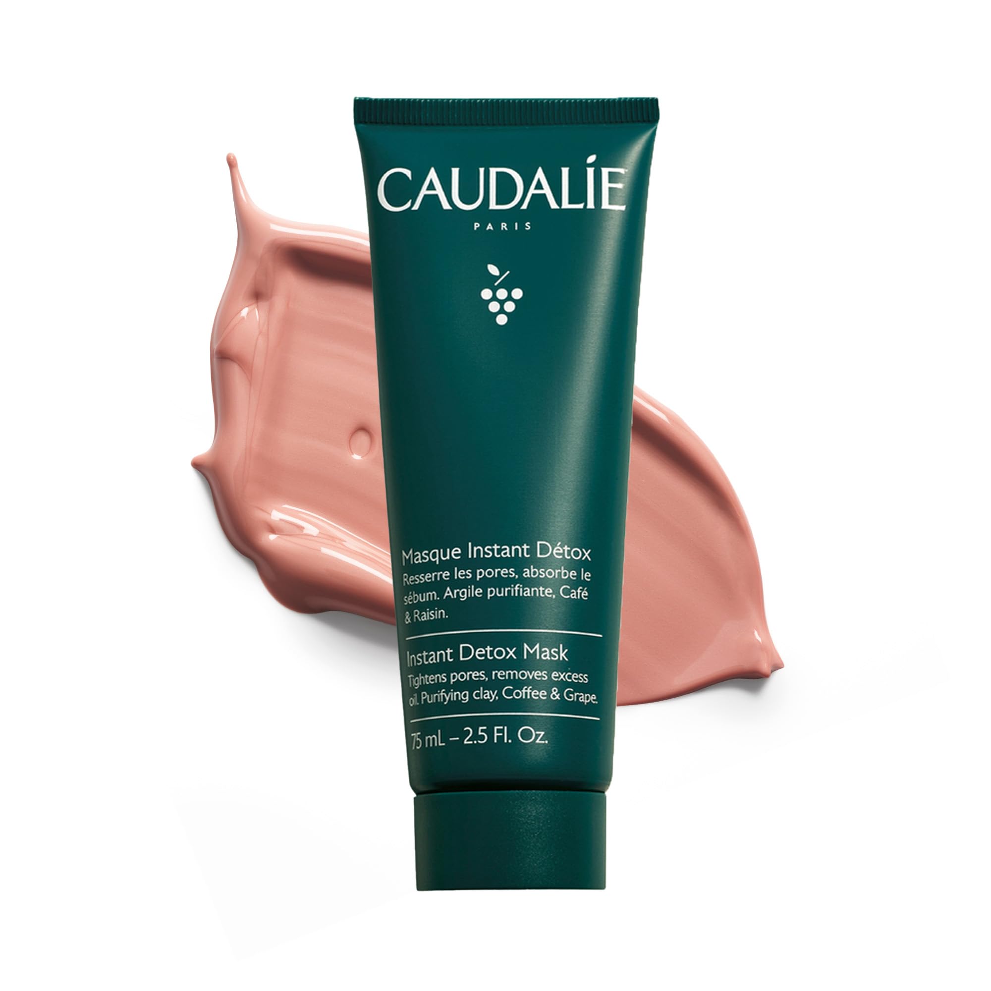 Caudalie Instant Detox Mask in pink clay for pore minimization and skin purification, 75 mL face treatment mask.