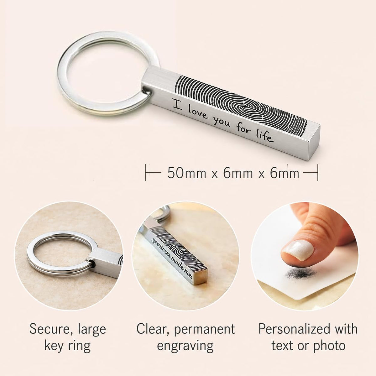 Danique Jewelry Personalized 3D Bar Keychain with Name, Handwriting, Photo, 4-Sided – close-up detail
